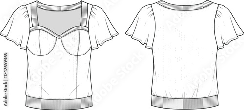 Technical fashion flat sketch of women’s top with flutter sleeves, sweetheart neckline, mesh insert, princess seams, front and back views