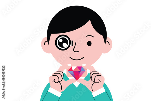 Cartoon person holds a gem. Has monocle, blue-green shirt, pink skin, black hair