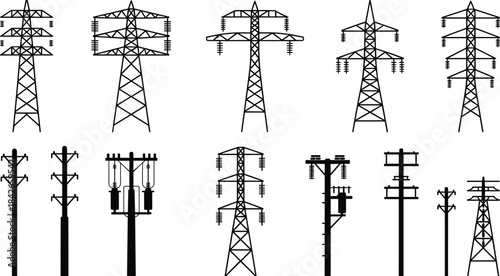Collection of high voltage electricity pylons and utility poles in silhouette Keywords: electricity pylon, silhouette, utility