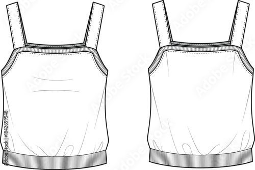 Technical fashion illustration of sleeveless top with wide straps, straight neckline, ribbed waistband, darts and seam details, front and back views
