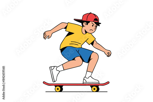 Vector illustration of a boy skateboarding with a red cap, yellow shirt, and blue shorts