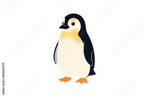 A cute, stylized penguin with a black head, yellow accents, and orange feet