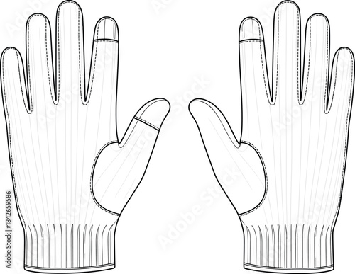 Technical glove illustration with ribbed cuffs, reinforced thumb and index tips, stitching details, ergonomic design, palm and back views
