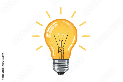 A lit, stylized lightbulb illustration with radiating light bursts, on white