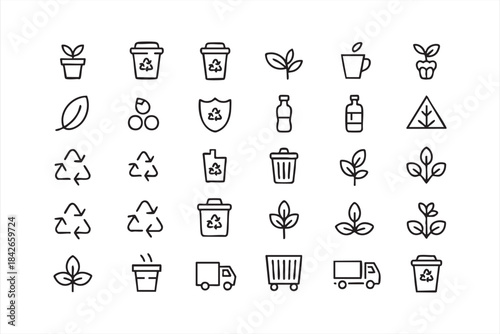 Sustainability and Recycling Line Icons for Eco Packaging and Zero-Waste Branding