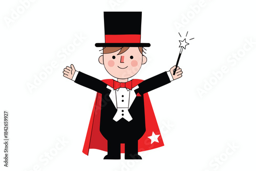 A cartoon magician with a wand and red cape, arms outstretched