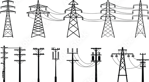 Diverse electrical transmission towers and utility poles with wires on white Keywords: electricity, power, tower, pole, line