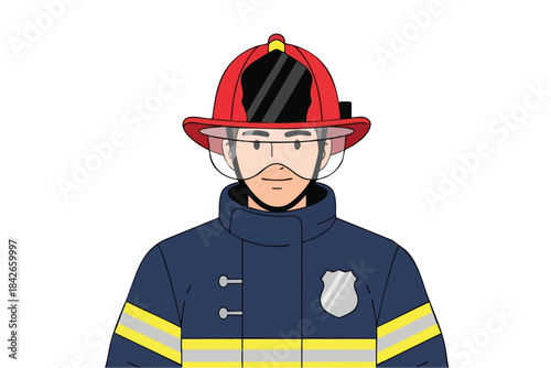 A cartoon firefighter in a red helmet and blue uniform, looking forward
