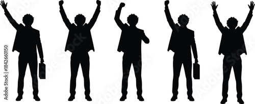 Collection of diverse business men and women silhouettes in suits, representing success, victory, communication, presentation, and various corporate action poses