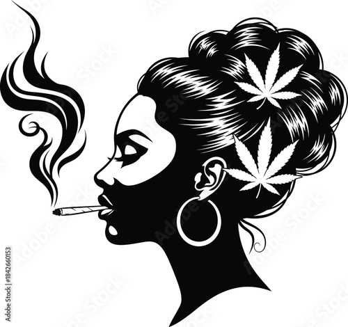 Stylish woman smoking with cannabis leaves illustration