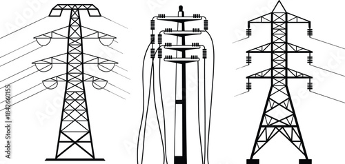 Electricity Transmission Towers and a Utility Pole with Wires and Insulators electricity tower pylon