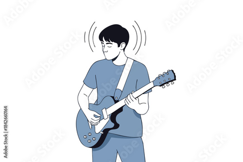 A person in a blue outfit playing a guitar, closed eyes with sound waves