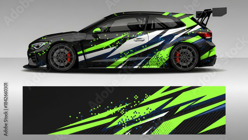 A black sports car with a vibrant green, white, and blue abstract graphic racing wrap design, showcasing the full pattern below.
