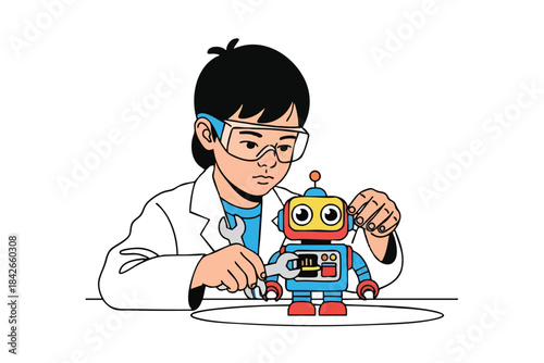 A child in a lab coat and safety glasses repairs a robot with a wrench