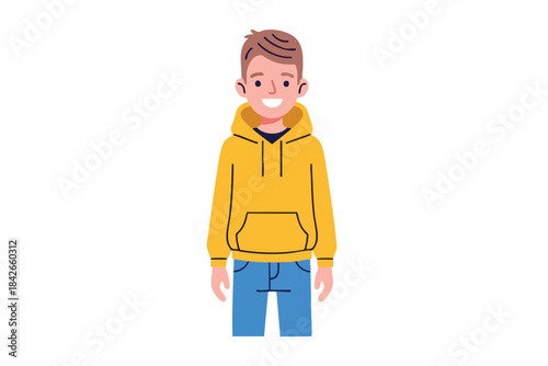 Cartoon depiction of a smiling person wearing a yellow hoodie and blue jeans