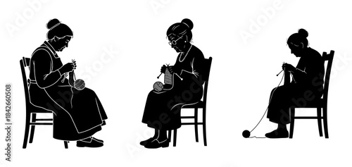 Three Women Knitting Together in Silhouette