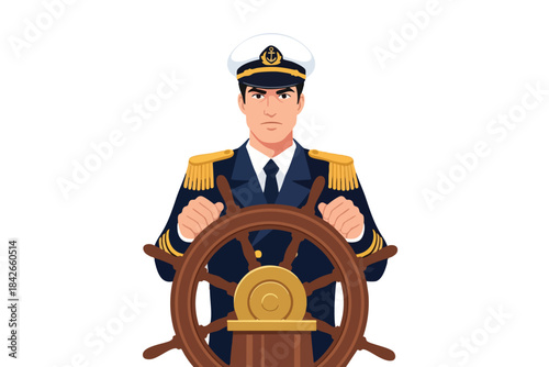 Illustration of a stern captain at the helm, in uniform, with a focused expression