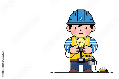 Cartoon electrician holds a glowing lightbulb, with connected equipment