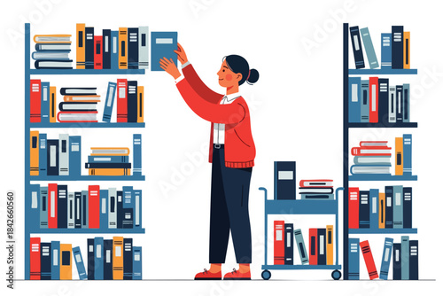 A person in a library, reaching for a book amidst filled bookshelves