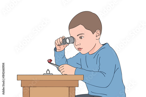A boy examining a ruby held in tweezers with a loupe on a table, ring nearby