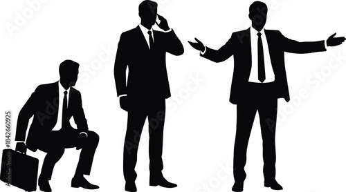 Diverse business men and women silhouettes, in professional suits, representing success, communication, presentation, and various corporate action poses