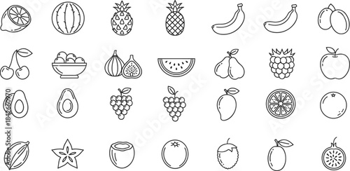 Fruits, Business, Communication, Hygiene, Bathroom Accessories, and Corporate Management Symbols with Editable Stroke and Filled Styles