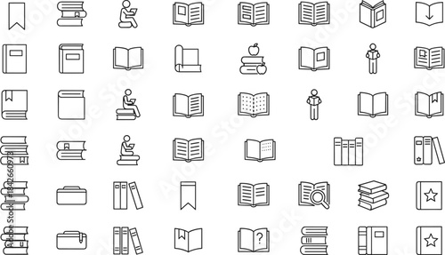 Collection of book and reading line icons representing education, study materials, libraries, learning resources, literature, stationary elements, and academic concepts.