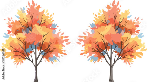 Autumn Season Abstract Vector Illustration with Two Stylized Deciduous Trees in Vibrant Orange, Yellow, and Blue Fall Foliage Against a White Background