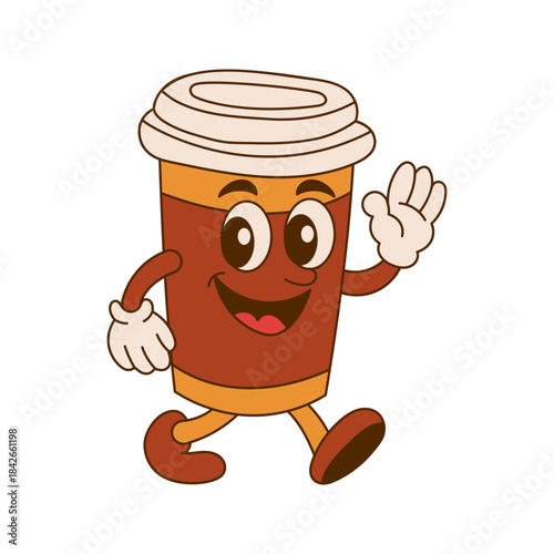 Coffee cup in retro cartoon character style with mascot and illustration flair for a vintage cafe. Cute sticker for menus and packaging. Fun drink icon.