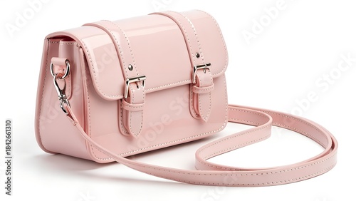 A charming pastel pink crossbody bag isolated on a clean white background. This stylish satchel features a smooth, glossy finish that gives it a sleek and modern look