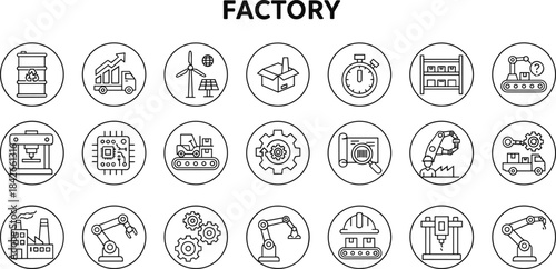 Factory, Manufacturing, and Industrial Line Icons Automation, Robotics, Production Process, Engineering, and Supply Chain Vector Set