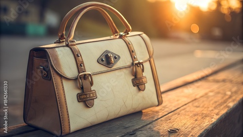 A charming vintage-style handbag resting on a weathered wooden bench during the golden hour