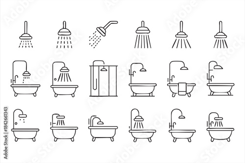 Bath and shower symbols for hygiene and bathroom design materials