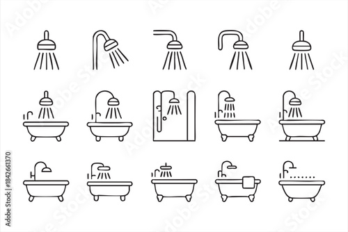 Minimal tubs, faucets, and water flow symbols for home utility graphics