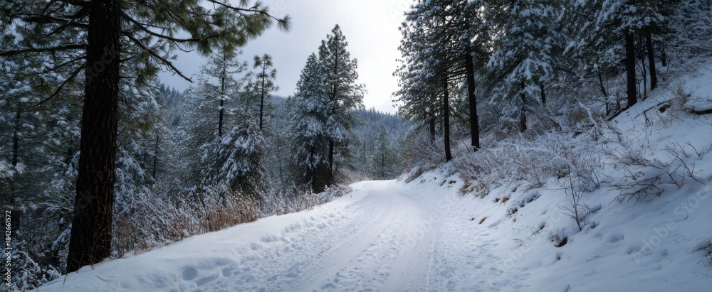 Naklejka premium Snow-covered trail twisting through a wooded area for off-road vehicles adventure.