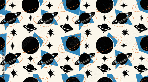 Seamless retro cosmic pattern with black planets, stars, and orbits in a whimsical mid-century modern style on a light cream background with blue shapes