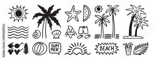 Doodle icons of palm trees, sun, waves, sunglasses, and beachwear. Palm trees and sun evoke a tropical vibe. Waves and beachwear suggest a summer theme. Doodle illustrations.