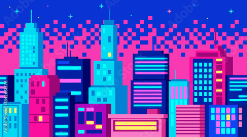 Vibrant pixel art cityscape with colorful buildings and glowing windows under a starry night sky in a retro 8-bit video game style with a neon synthwave color palette