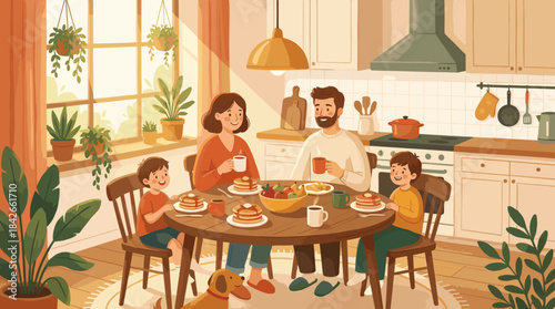 Happy illustrated family of four eating a pancake breakfast together at a wooden table in a cozy, sunlit kitchen with their pet dog, creating a warm and wholesome scene