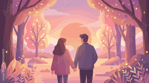 Young romantic couple holding hands walking through a beautiful, stylized autumn forest during a warm and peaceful sunset, a lovely vector illustration