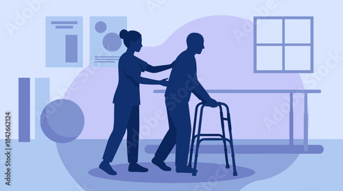 Silhouette of a nurse assisting a senior patient with a walking frame in a hospital room, a minimalist illustration about healthcare and eldercare