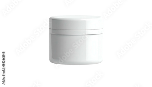 White, cylindrical plastic jar with a slightly recessed lid, against a black background