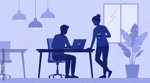 Two business people collaborating in a modern office, with a man at a laptop and a woman holding coffee, in a minimalist flat vector illustration with a blue color scheme
