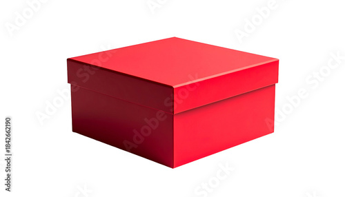 A vibrant red, closed square box is isolated against a stark black background
