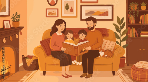Loving cartoon family with two children reading a magical storybook together on a couch next to a warm fireplace in a cozy home interior