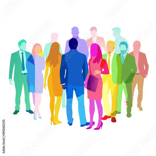 Multi-colored transparent silhouettes of men and women, multiply mode, a group of standing business people. Diverse people group silhouette. Flat vector illustration isolated on background. See Less
