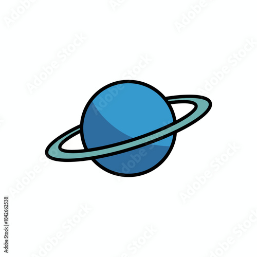 Cartoon illustration of a blue ringed planet against a white background