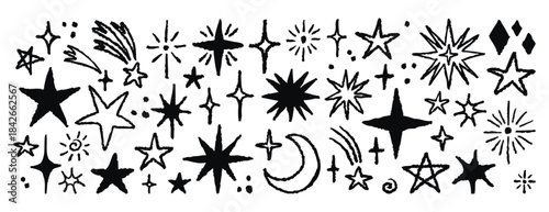 Hand drawn stars with rough edges and sketchy texture. Monochrome line art, hand drawn.