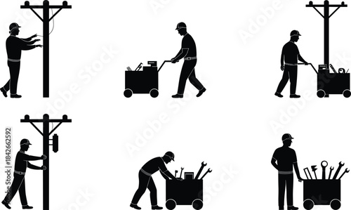 Silhouette Set Of Utility Workers With Tools And Poles Keywords: silhouette, utility worker, lineman, tools, cart, trolley, pole