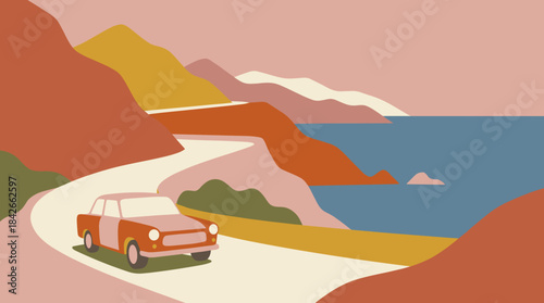 Vintage red car driving along a winding coastal road with scenic mountains and the sea in a flat illustration style with a warm, retro color palette